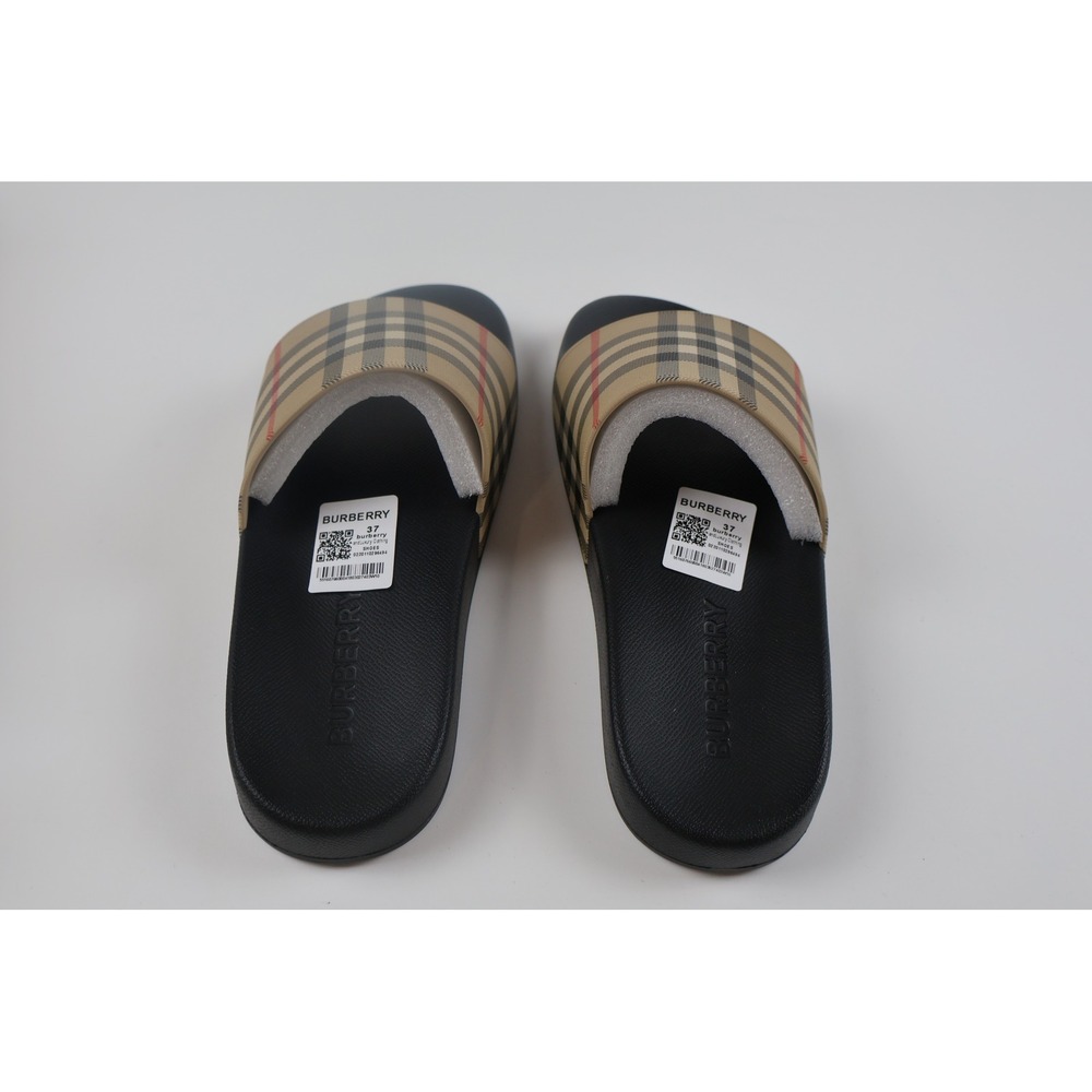 Burberry Womens Slides Vintage Check Beige Plaid 37 NWT $425 - Picture 2 of 11